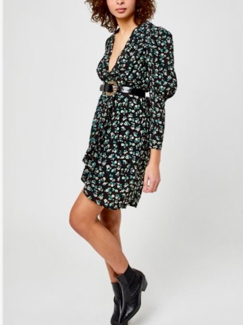 Anthropologie Essentiel Antwerp Black Floral Mini Dress Puff Sleeve FR 36